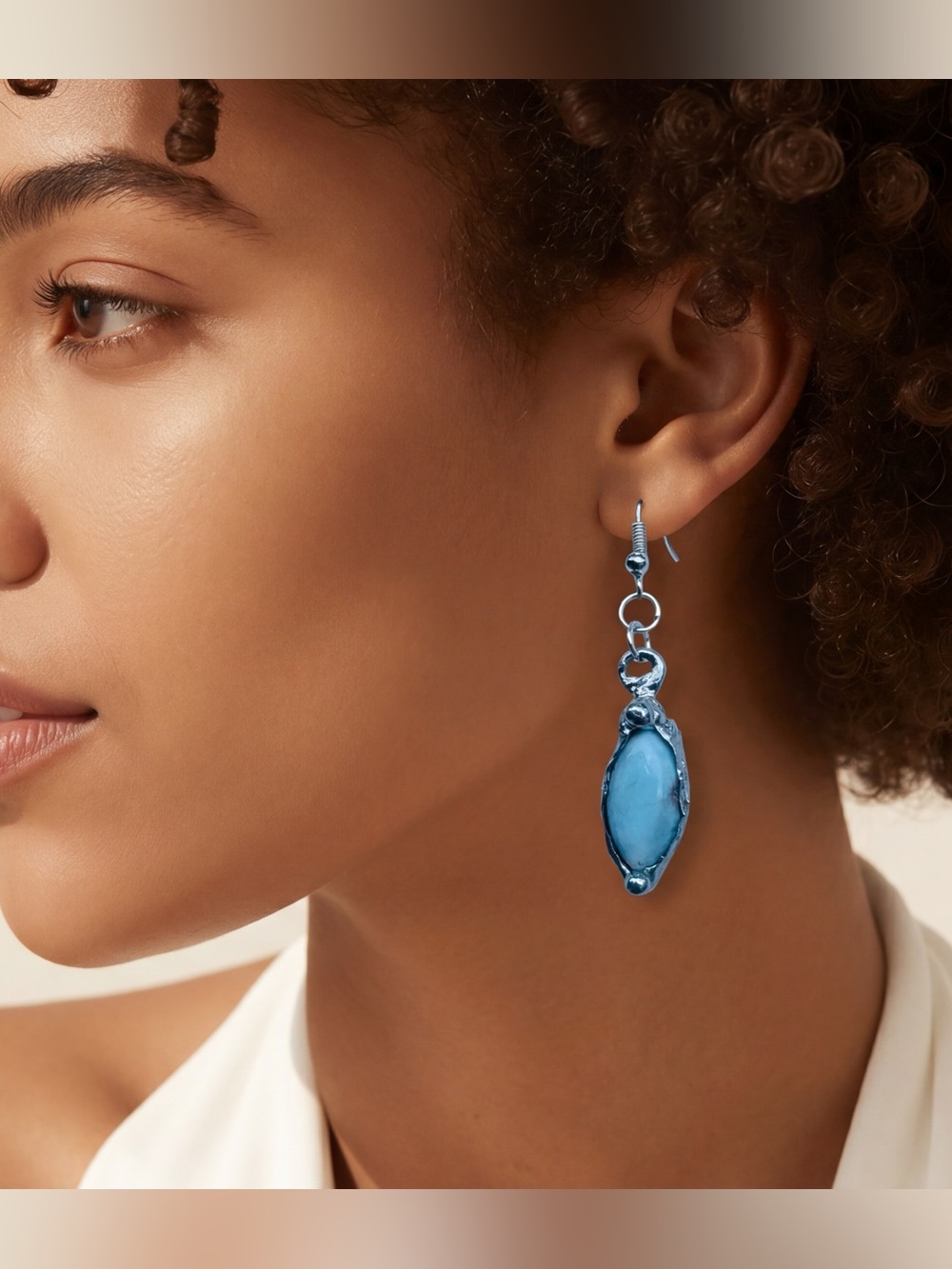 Larimar Dainty Earrings Encased In Boho Artisan Silver Bezels With 925 Hooks